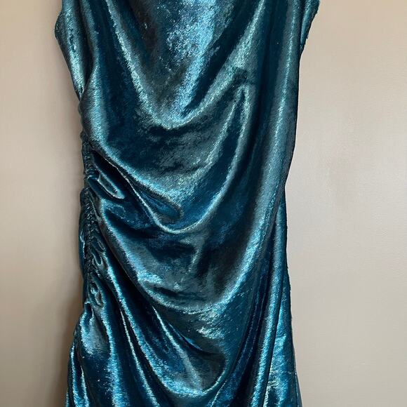 CINQ A SEPT Shiny Astrid Dress Teal Topaz Size 2 Metallic Bodycon Mini Sexy Chic - Picture 7 of 16